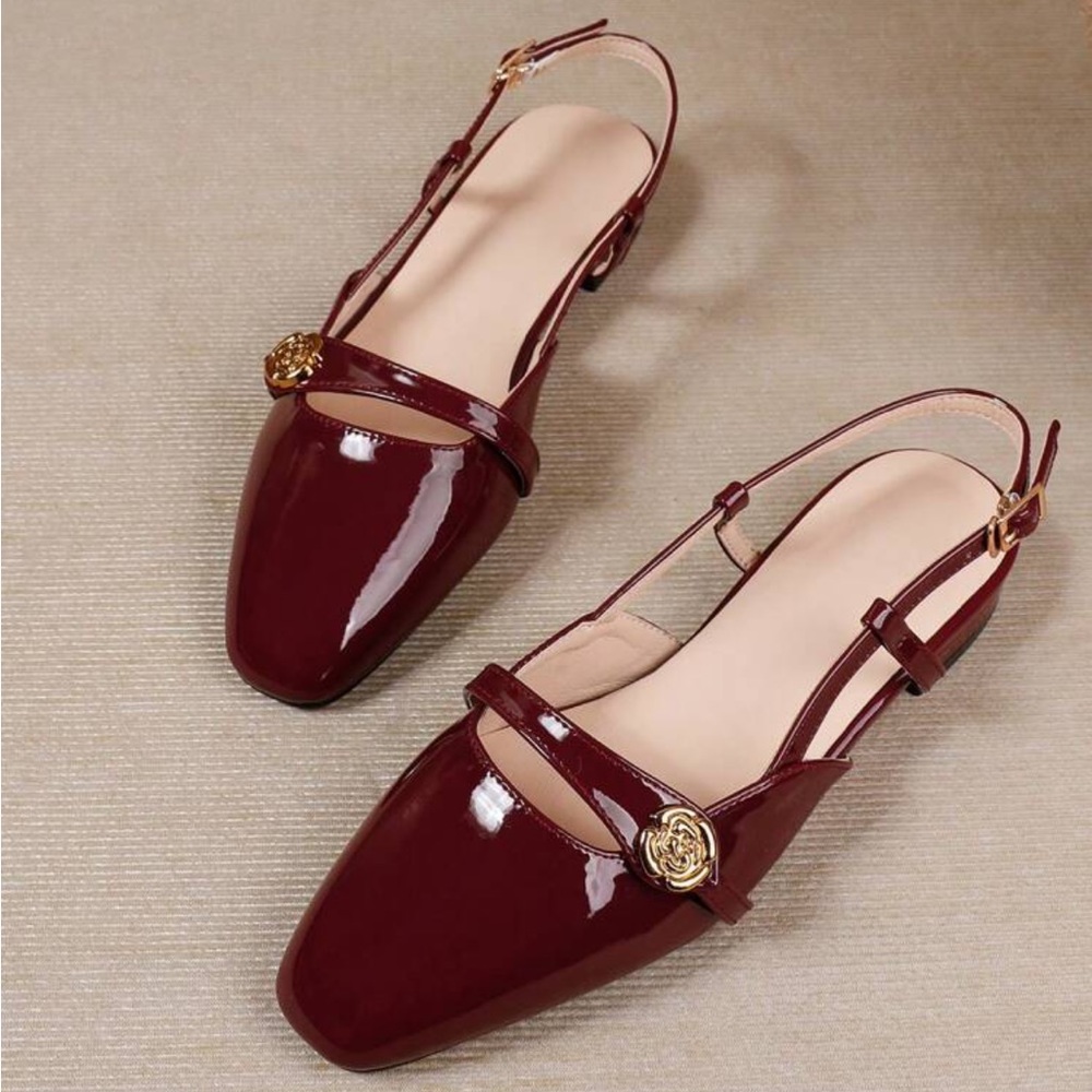 Burgundy, maroon, dark red Round toe Mary Jane style slingback faux patent flats - Picture 5 of 5